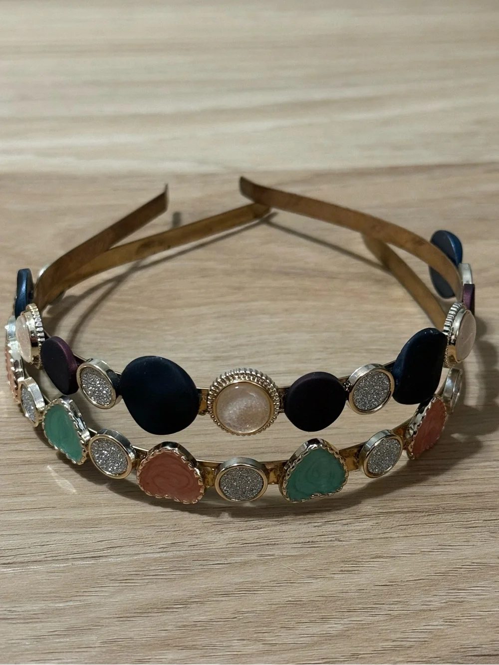 Source Unknown Gold Tone Double Headband with Multicolor Stones